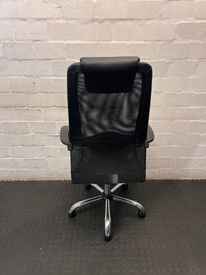 Black High-Back Office Chair with Mesh and Chrome Base — Damaged Upholstery – back view