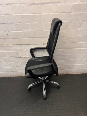 Black High-Back Office Chair with Mesh and Chrome Base — Damaged Upholstery – condition detail