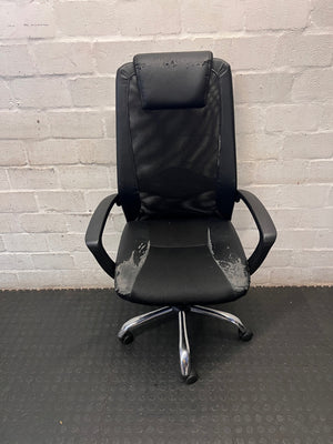 Black High-Back Office Chair with Mesh and Chrome Base — Damaged Upholstery – main front view