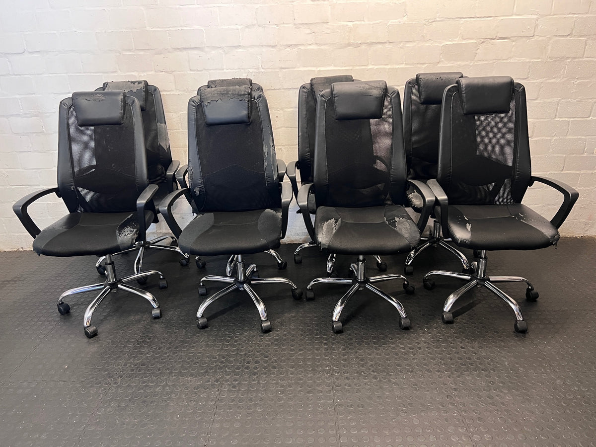 Black High-Back Office Chair with Mesh and Chrome Base — Damaged Upholstery – side view