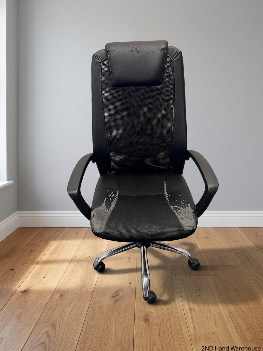 Black High-Back Office Chair with Mesh and Chrome Base — Damaged Upholstery – styled product image
