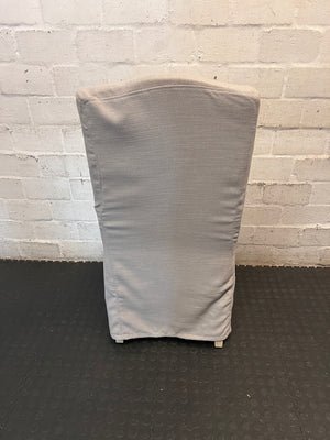 Grey High-Back Upholstered Dining Chair with Skirt – back view