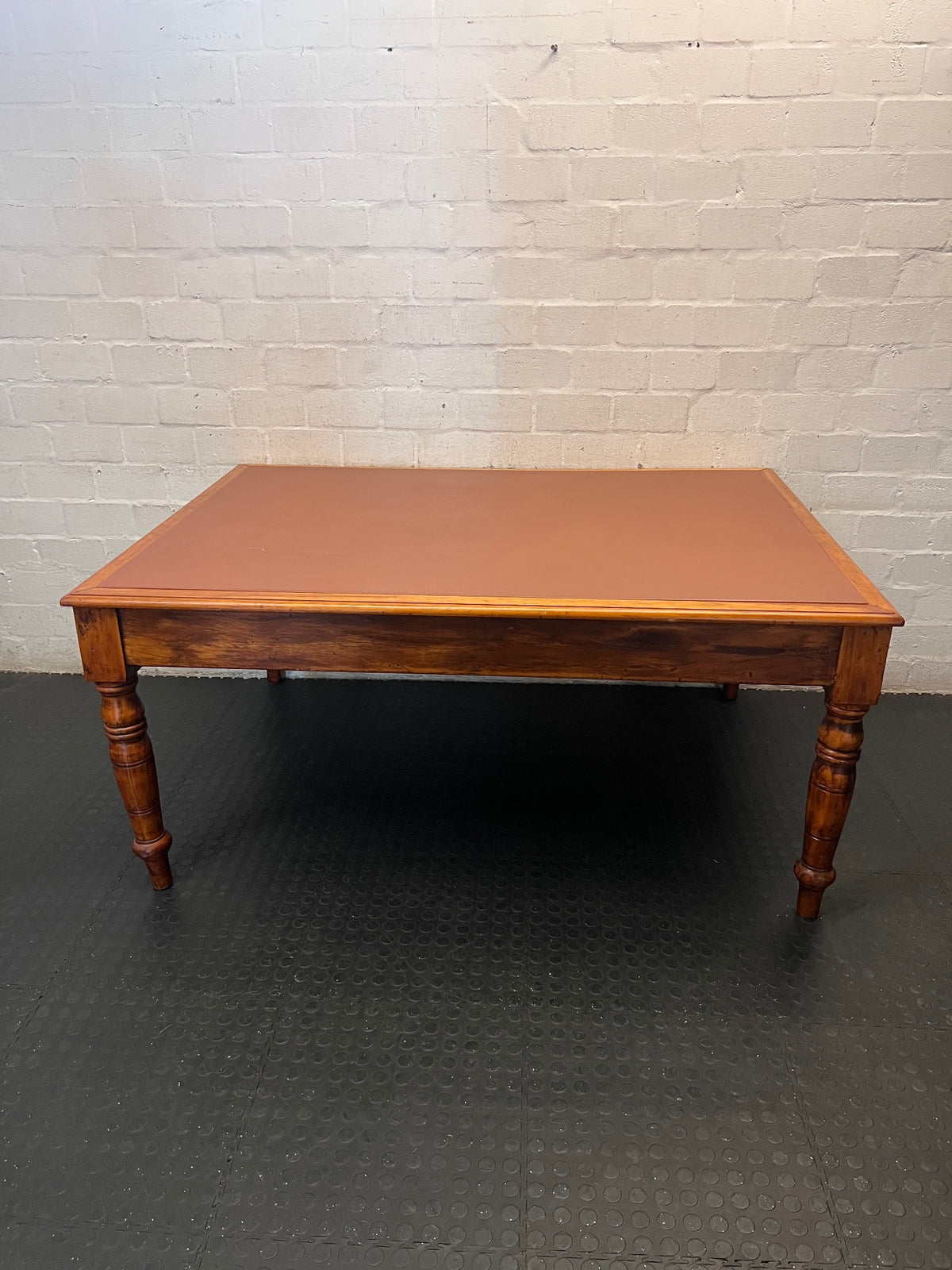 Vintage Hardwood Office Desk with Vinyl Inlay – back view
