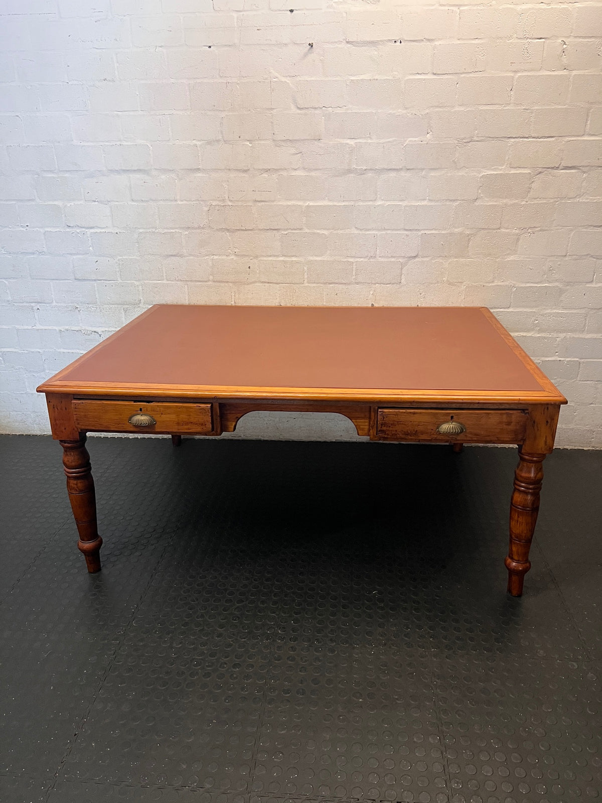 Vintage Hardwood Office Desk with Vinyl Inlay – main front view