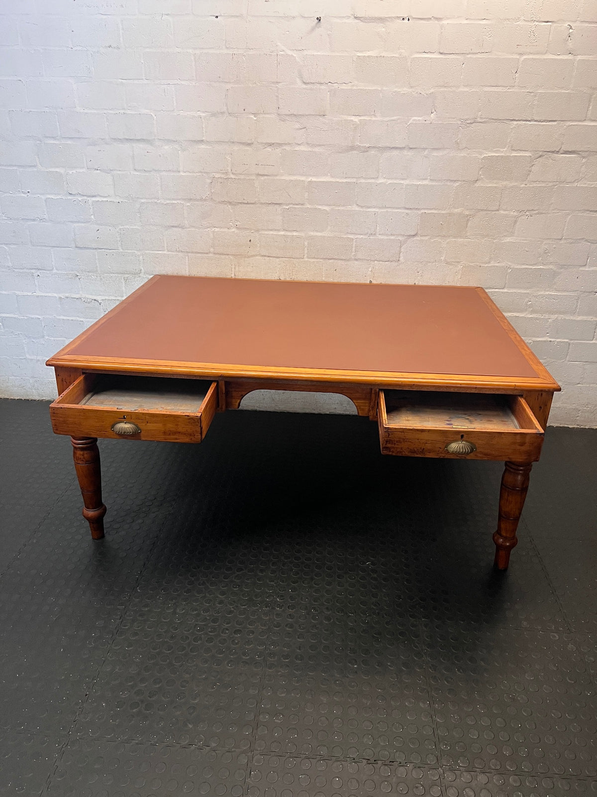Vintage Hardwood Office Desk with Vinyl Inlay – side view
