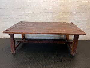 Large Dark Varnished Wood Outdoor Table — Broken Leg Join and Structural Damage – condition detail