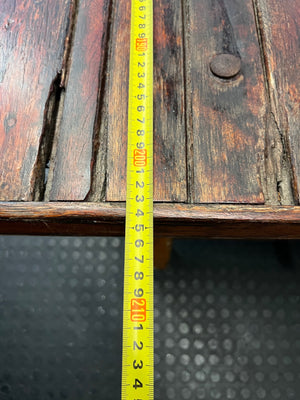 Large Dark Varnished Wood Outdoor Table — Broken Leg Join and Structural Damage – depth measurement