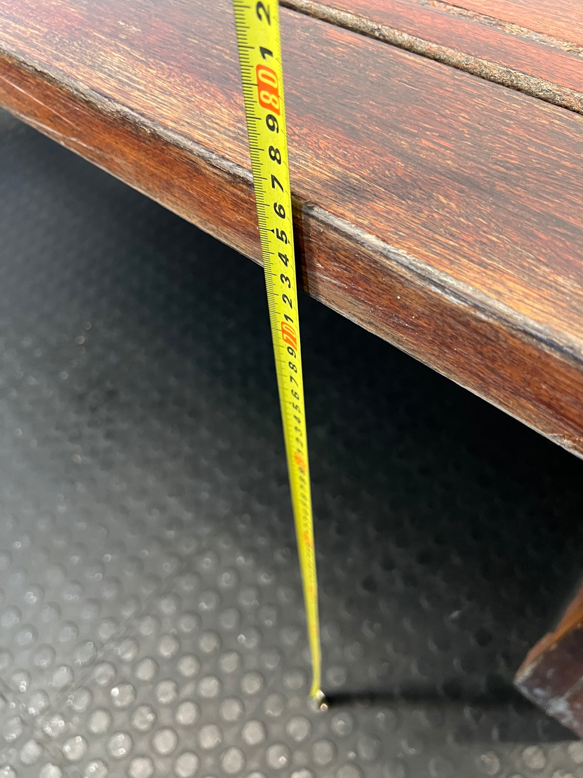 Large Dark Varnished Wood Outdoor Table — Broken Leg Join and Structural Damage – height measurement