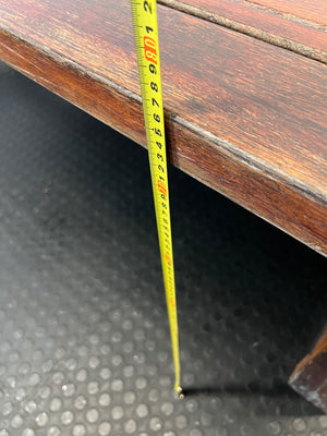 Large Dark Varnished Wood Outdoor Table — Broken Leg Join and Structural Damage – height measurement