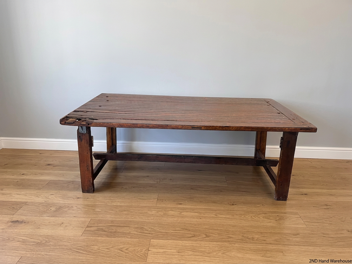 Large Dark Varnished Wood Outdoor Table — Broken Leg Join and Structural Damage – styled product image