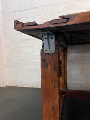 Large Dark Varnished Wood Outdoor Table — Broken Leg Join and Structural Damage – top view
