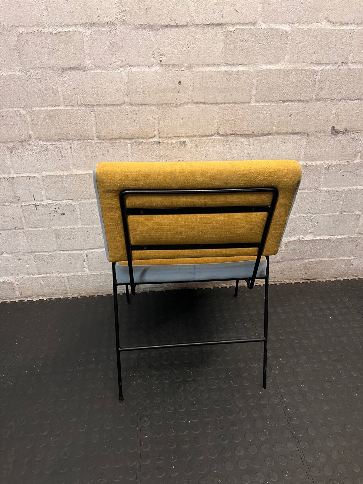 Upholstered Yellow and Blue Dining Chair with Black Frame – back view