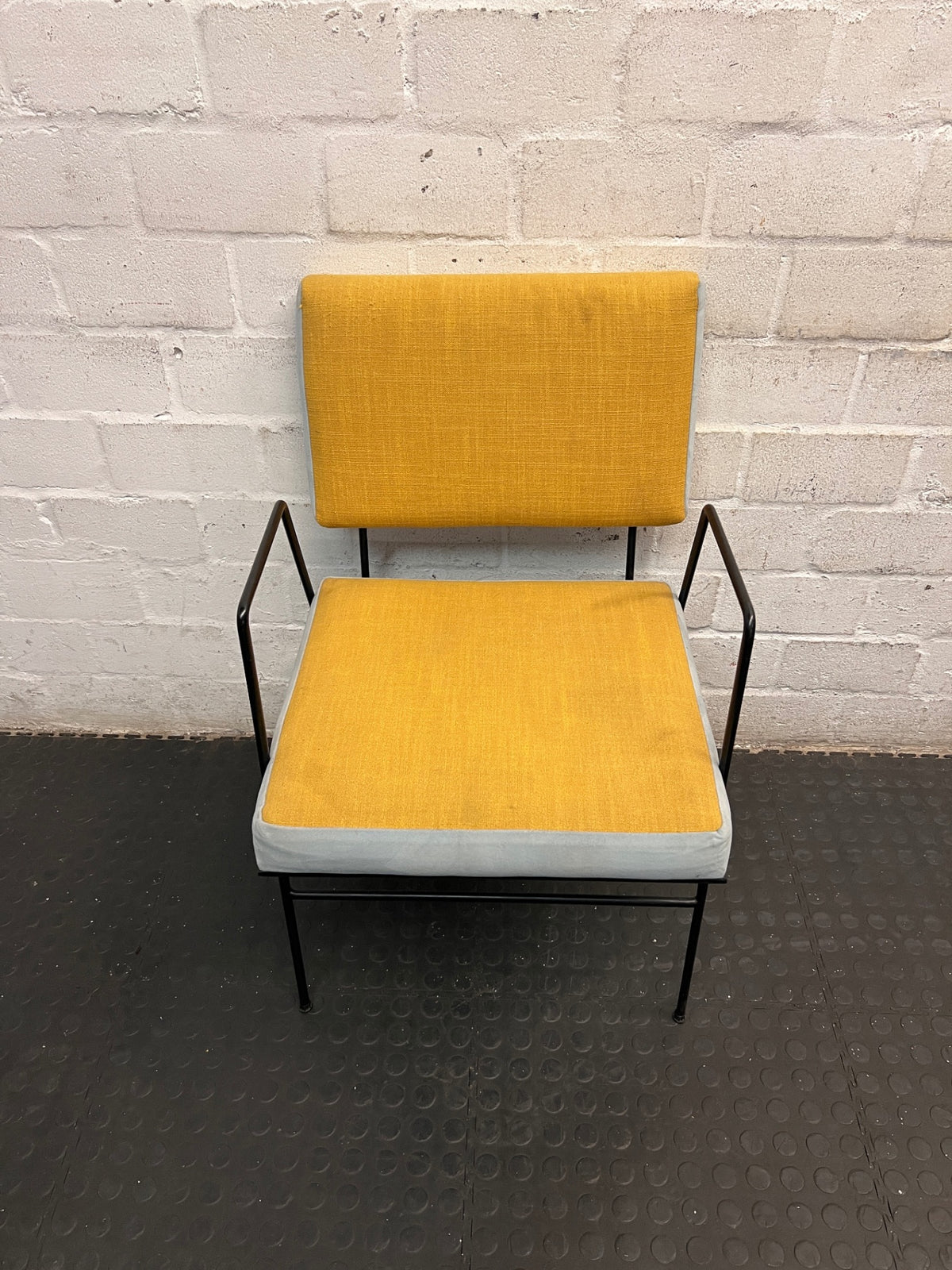 Upholstered Yellow and Blue Dining Chair with Black Frame – main front view