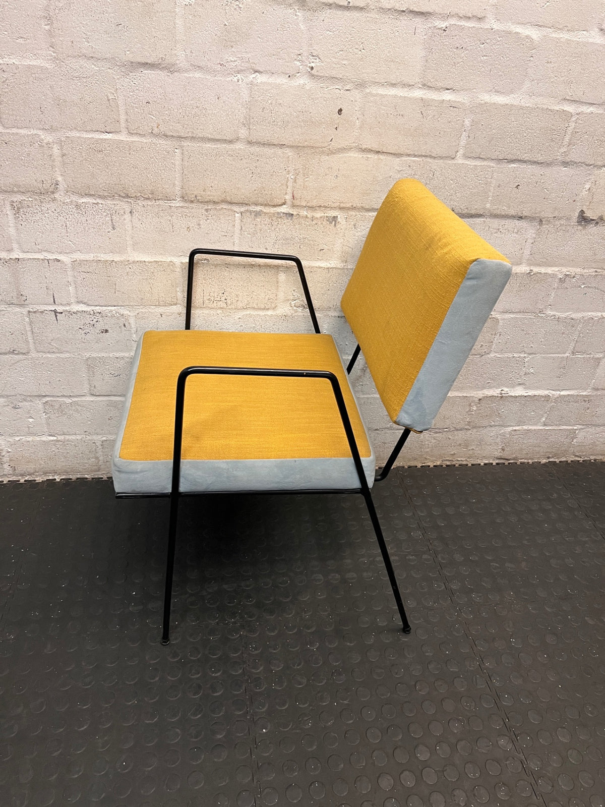 Upholstered Yellow and Blue Dining Chair with Black Frame – side view