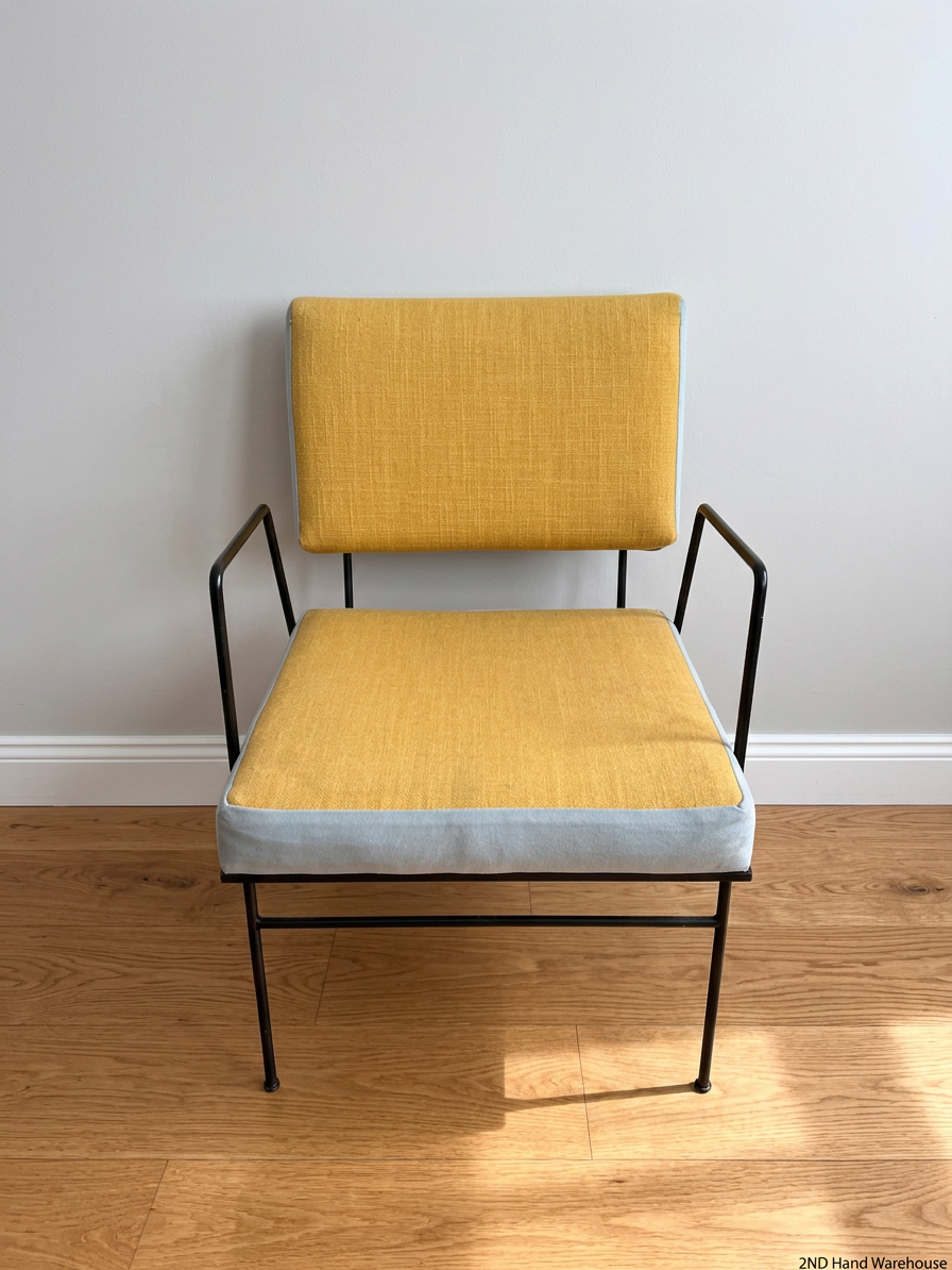 Upholstered Yellow and Blue Dining Chair with Black Frame – styled product image