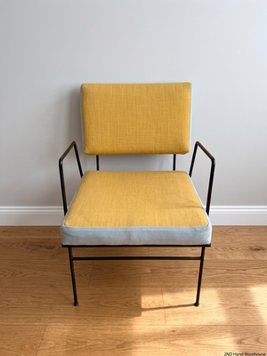 Upholstered Yellow and Blue Dining Chair with Black Frame – styled product image
