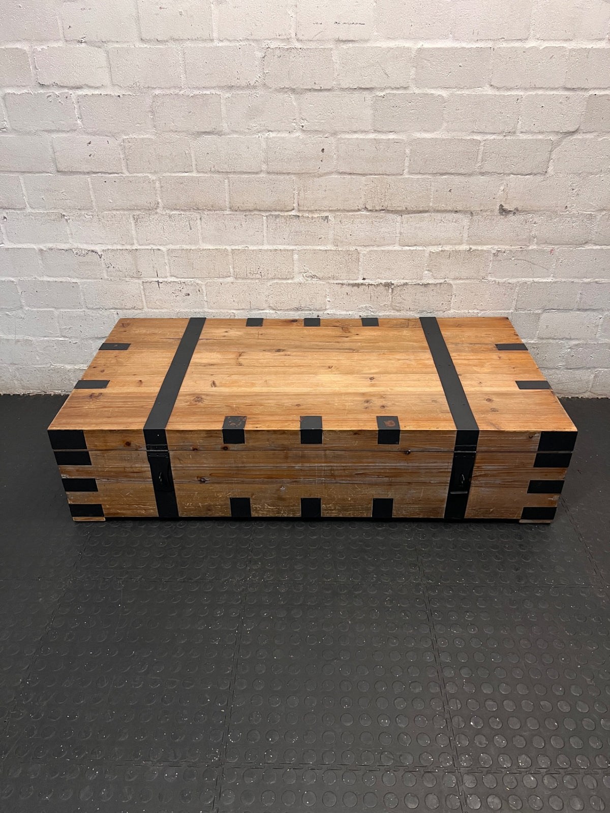 Large Rustic Wooden Chest Coffee Table with Metal Banding – main front view