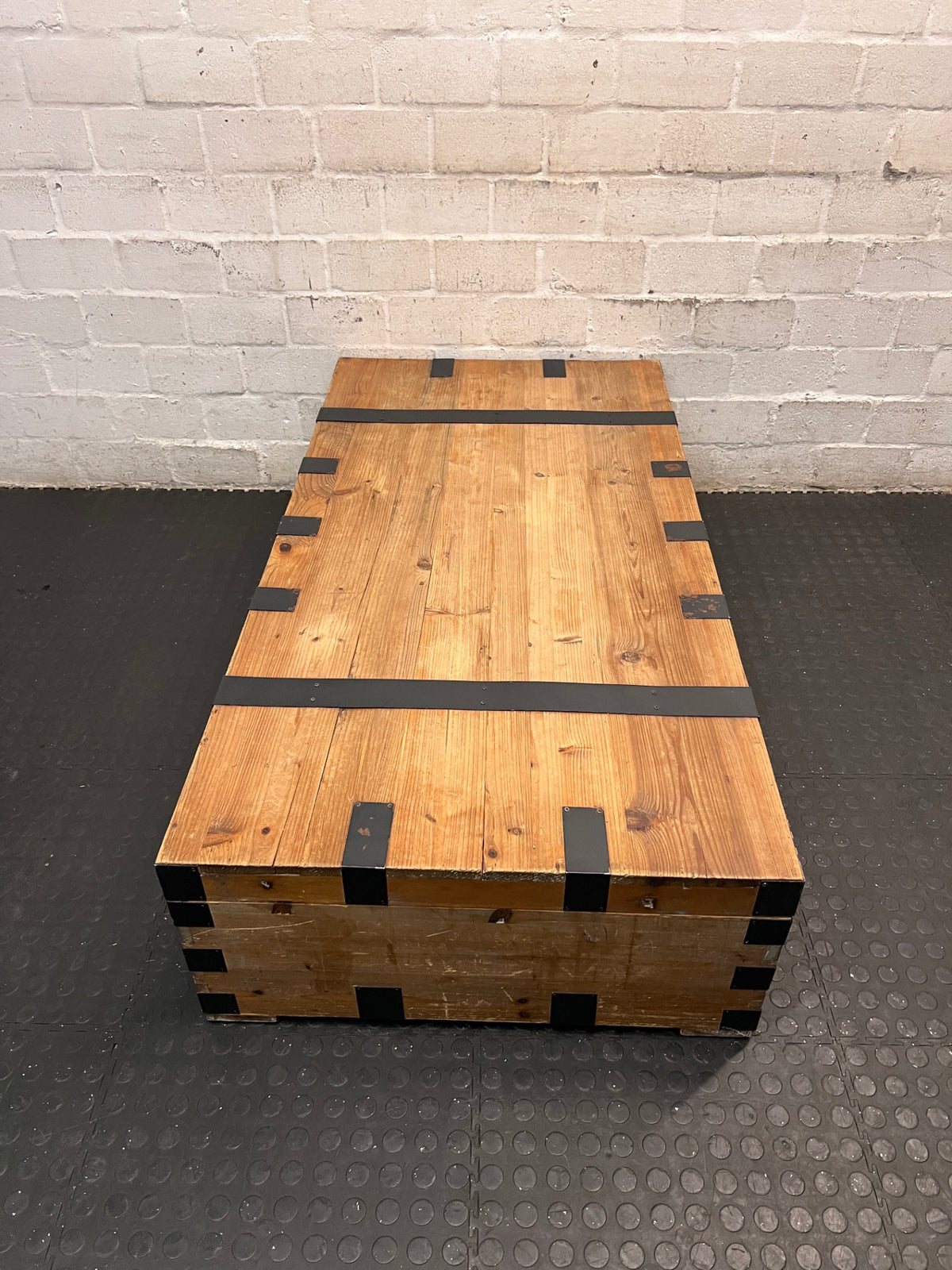 Large Rustic Wooden Chest Coffee Table with Metal Banding – top view