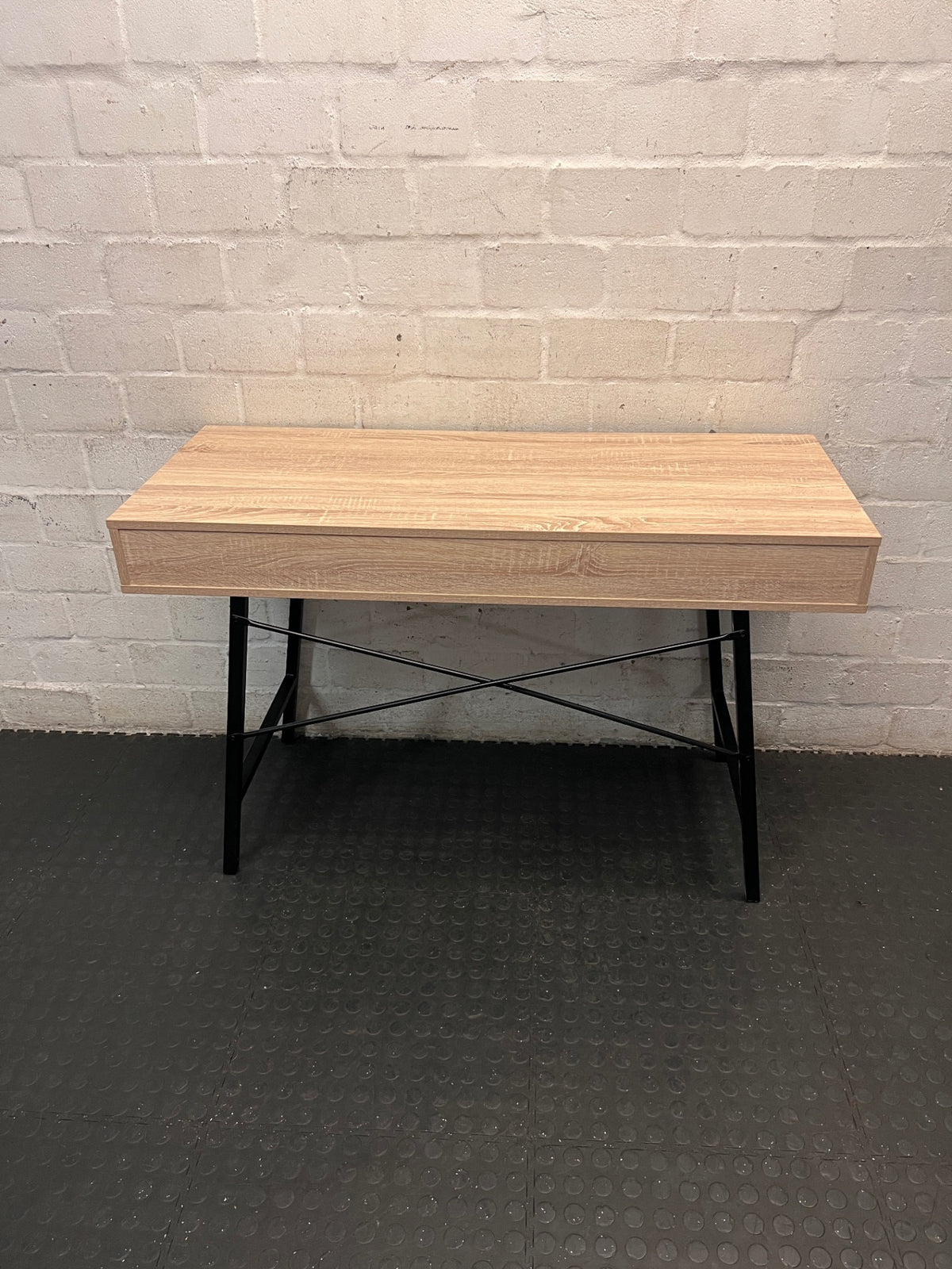 Modern Oak Finish Office Desk with Black Drawers – back view