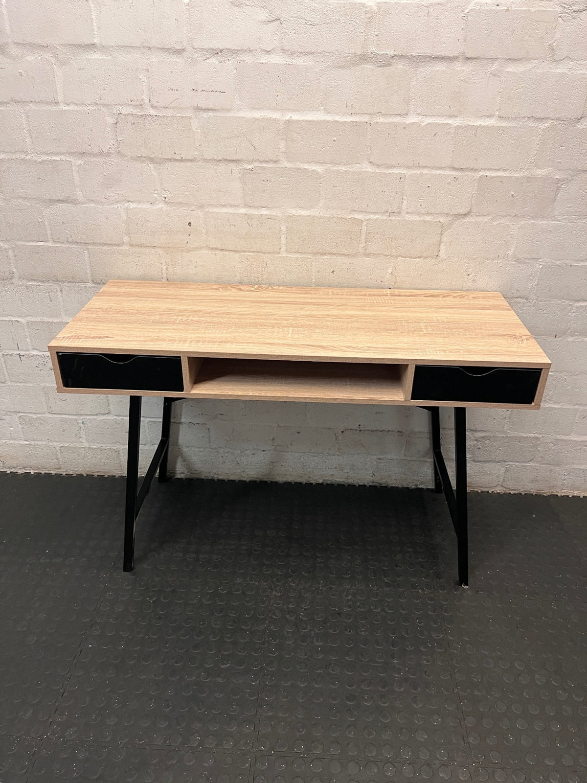 Modern Oak Finish Office Desk with Black Drawers – main front view