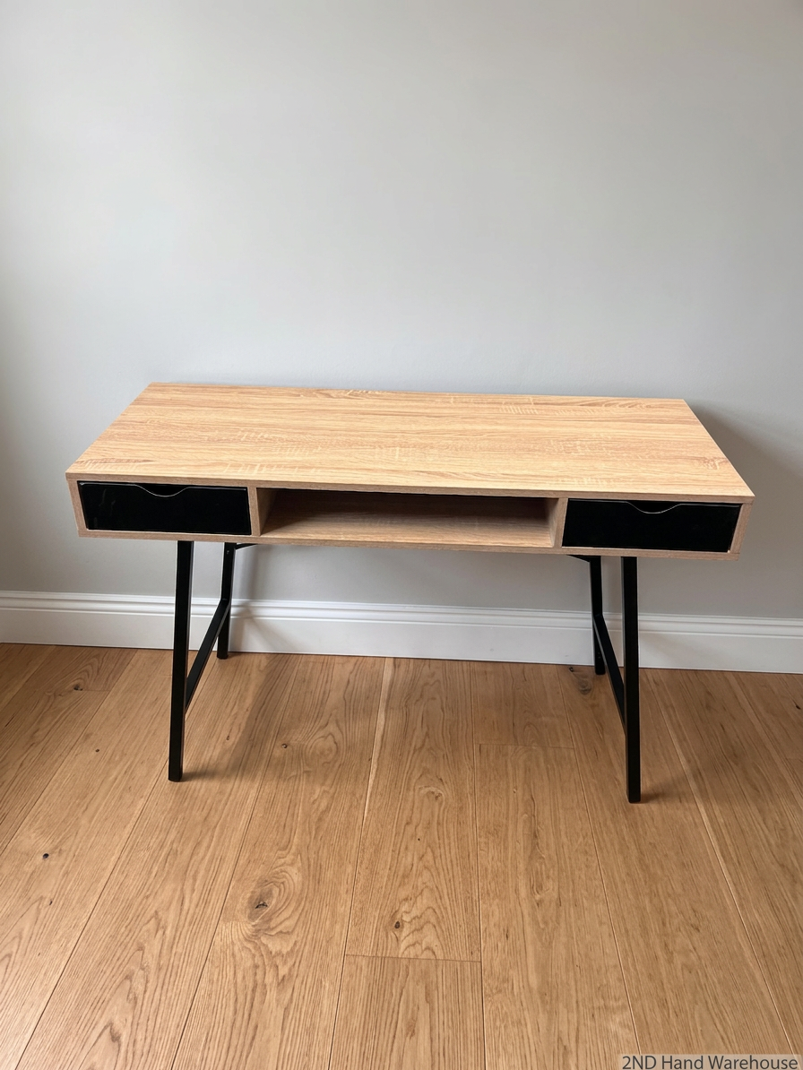 Modern Oak Finish Office Desk with Black Drawers – styled product image