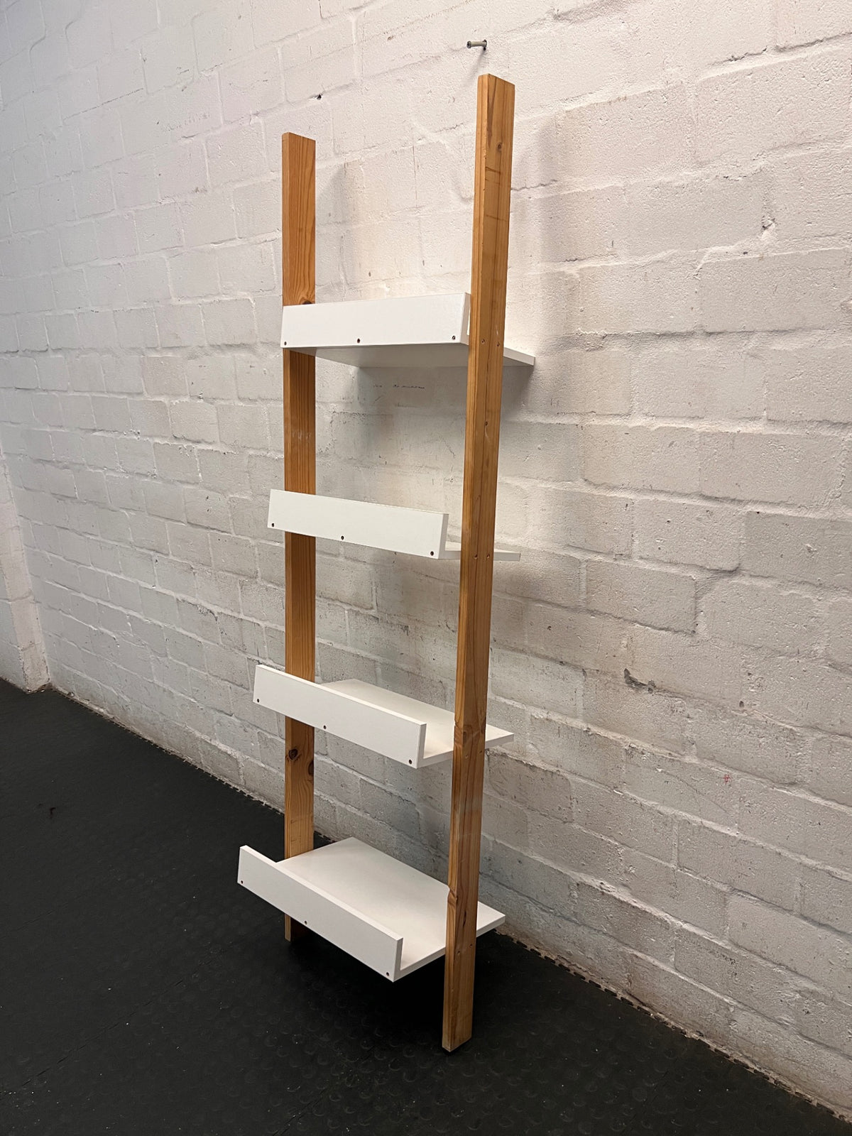 White and Wood Leaning Ladder Bookshelf – back view