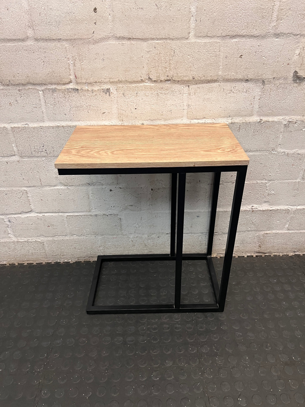 Industrial Style C-Shaped Side Table with Oak Finish Top – back view