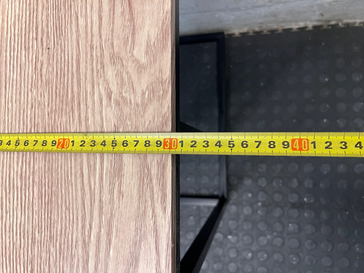 Industrial Style C-Shaped Side Table with Oak Finish Top – depth measurement