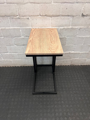 Industrial Style C-Shaped Side Table with Oak Finish Top – side view