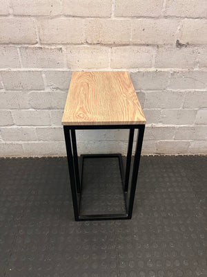 Industrial Style C-Shaped Side Table with Oak Finish Top – top view