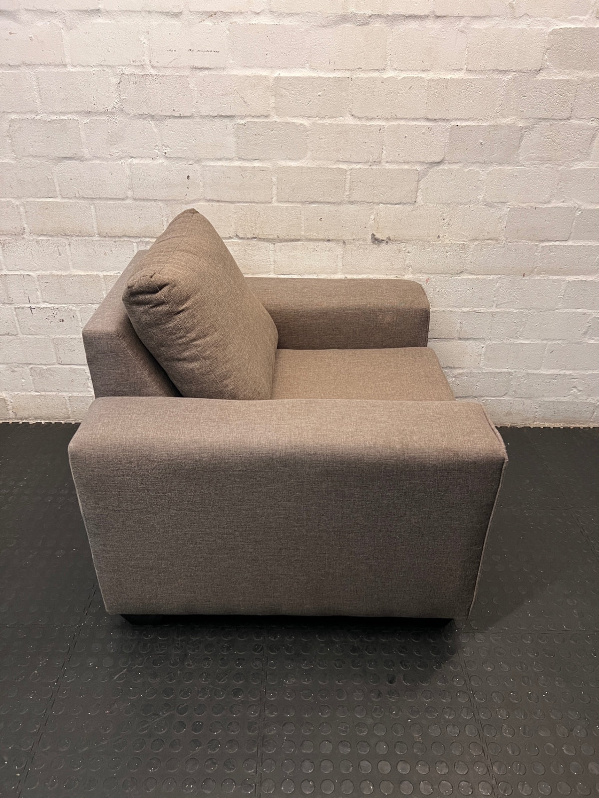 Beige Upholstered 1 Seater Couch with Broad Arms – back view