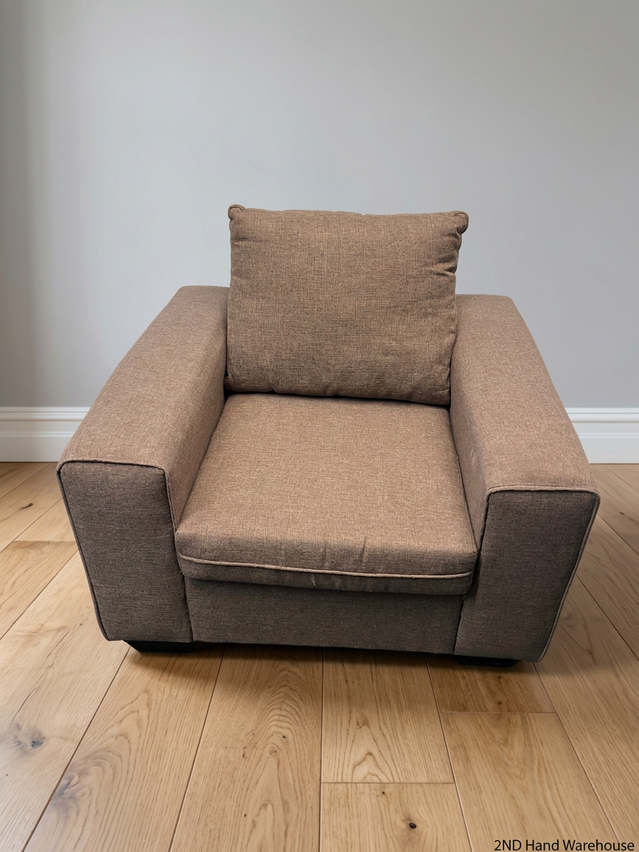 Beige Upholstered 1 Seater Couch with Broad Arms – styled product image