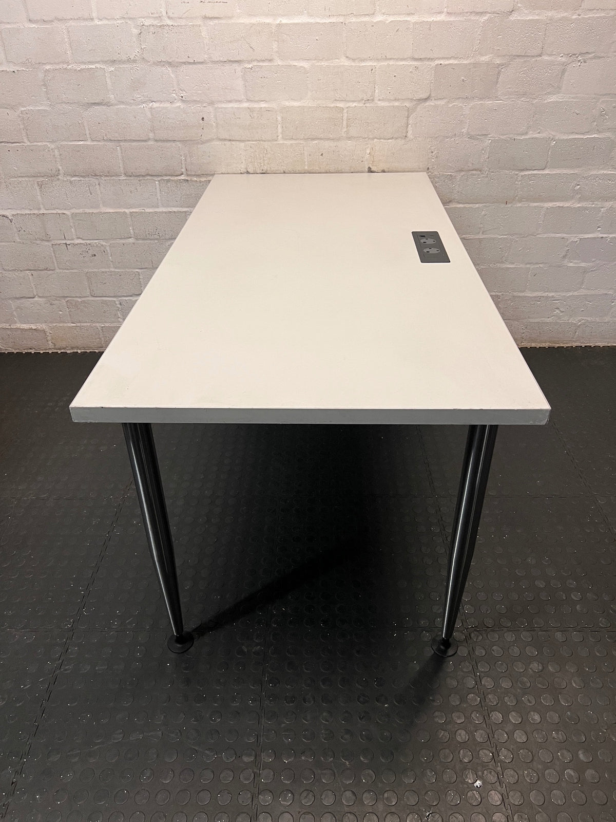 Modern Grey Office Desk with Chrome Legs and Power Port – back view