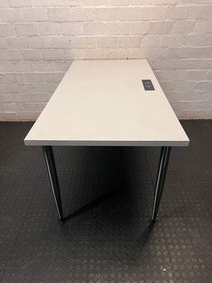Modern Grey Office Desk with Chrome Legs and Power Port – back view