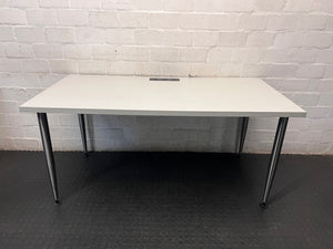 Modern Grey Office Desk with Chrome Legs and Power Port – condition detail