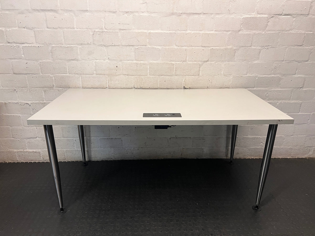 Modern Grey Office Desk with Chrome Legs and Power Port – main front view