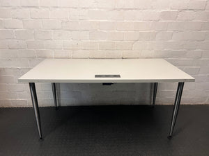 Modern Grey Office Desk with Chrome Legs and Power Port – main front view