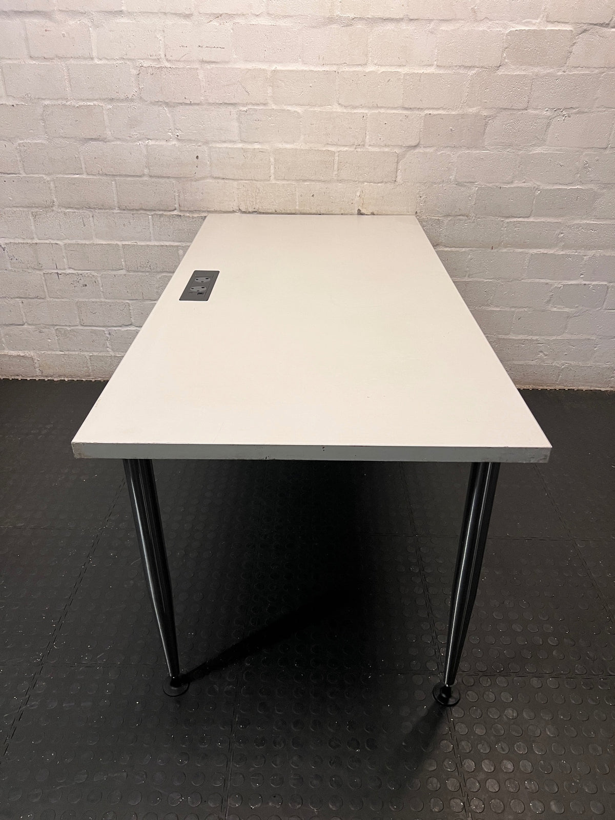 Modern Grey Office Desk with Chrome Legs and Power Port – side view