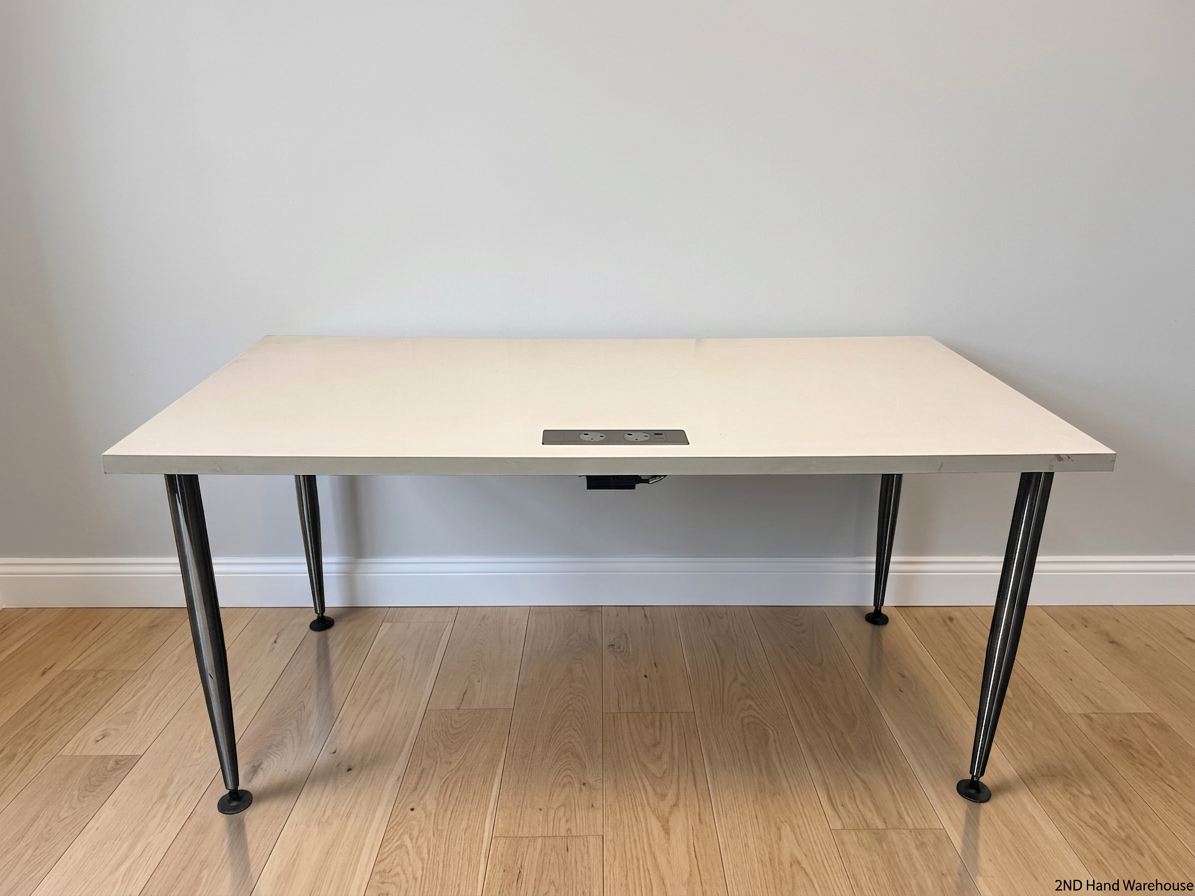 Modern Grey Office Desk with Chrome Legs and Power Port – styled product image