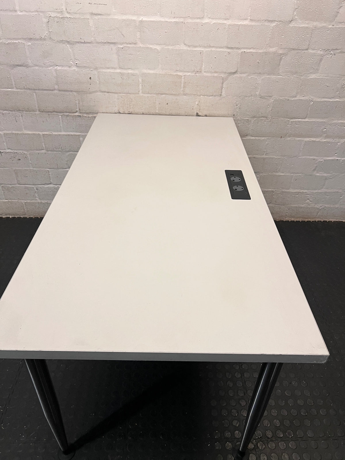 Modern Grey Office Desk with Chrome Legs and Power Port – top view