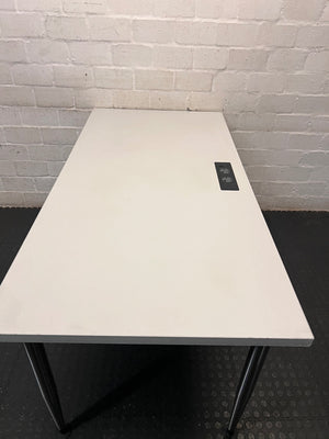 Modern Grey Office Desk with Chrome Legs and Power Port – top view