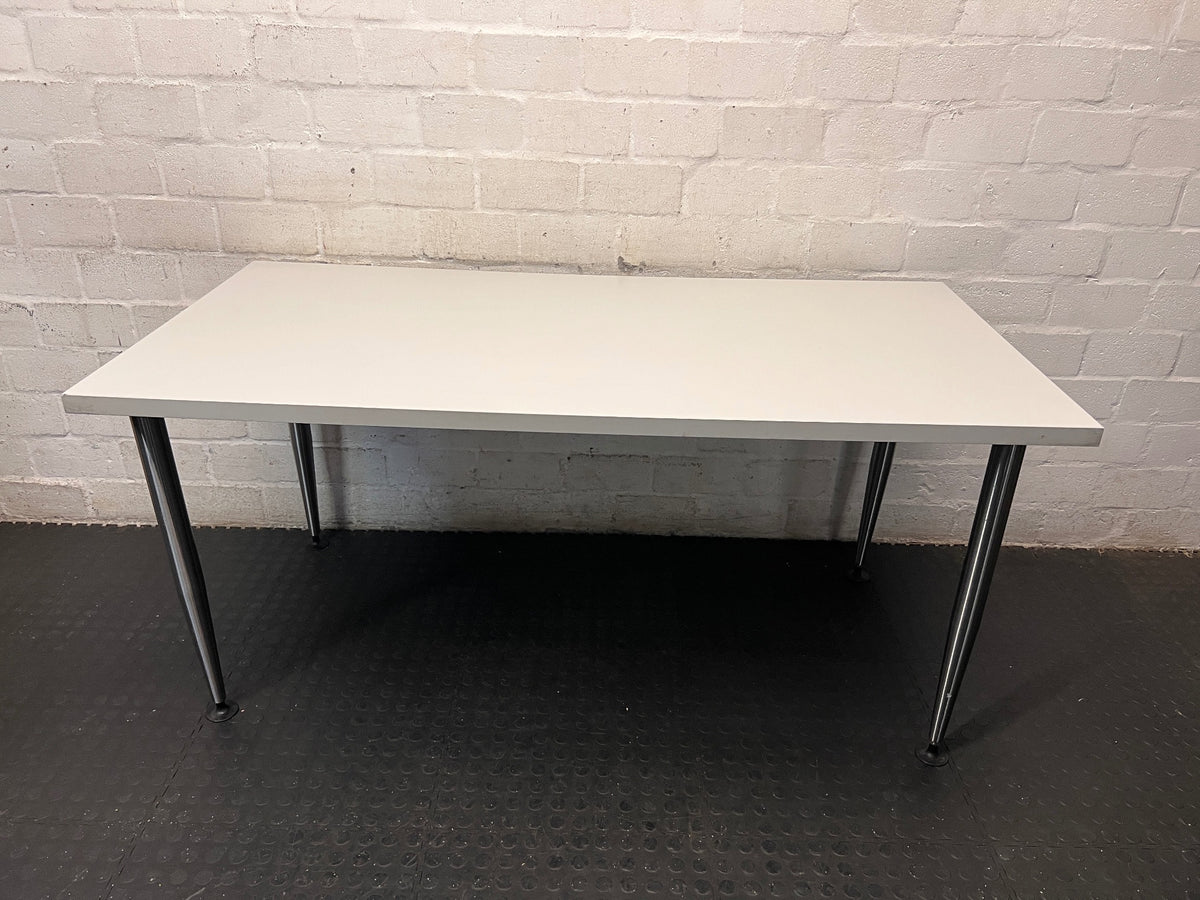 White Rectangular Office Desk with Tapered Metal Legs – top view