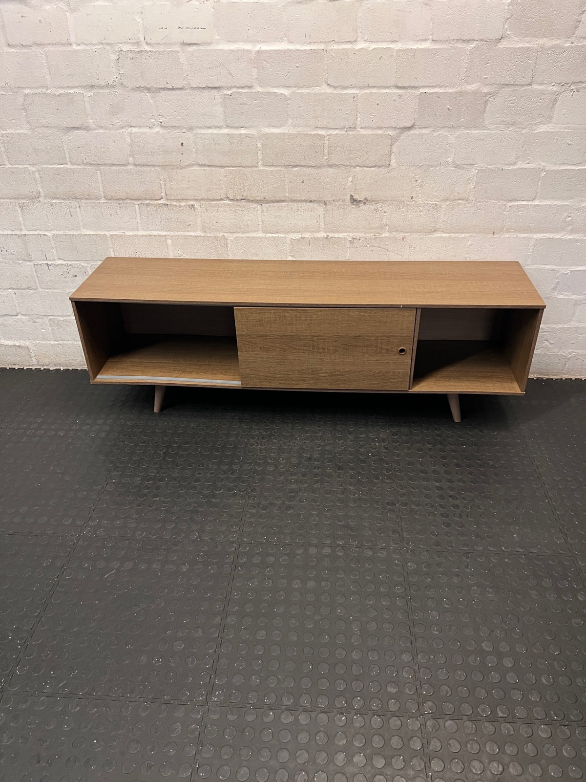 Mid-Century Style Wooden TV Unit with Sliding Door – main front view