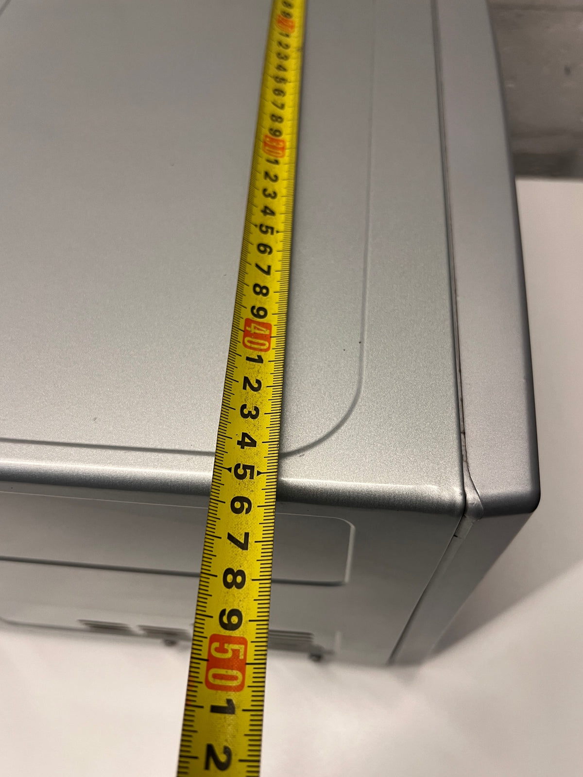LG Silver Countertop Microwave with Manual Dials — Working but Plate Does Not Rotate – width measurement