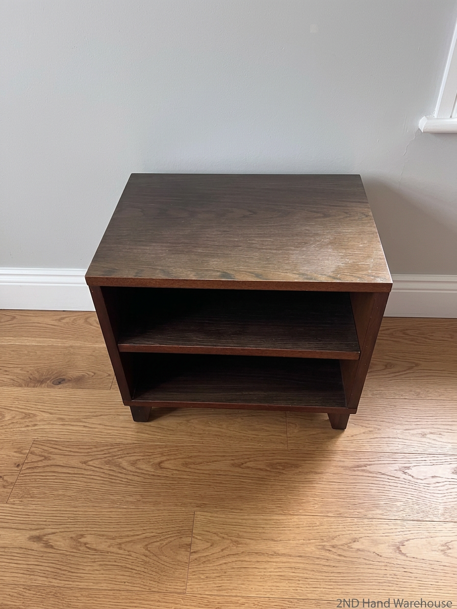 Dark Wood Finish Open Shelf Bedside Table – styled product image