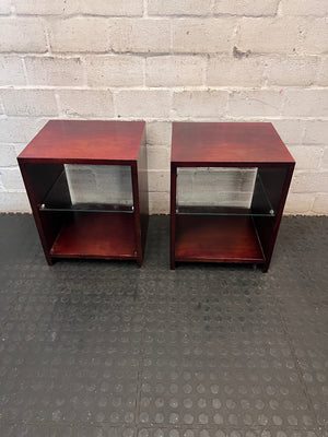 Dark Brown Wood Bedside Table with Glass Shelf – condition detail