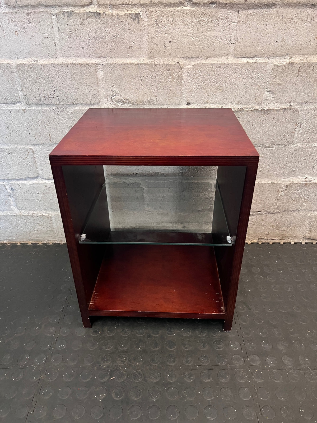 Dark Brown Wood Bedside Table with Glass Shelf – main front view