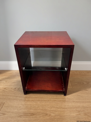 Dark Brown Wood Bedside Table with Glass Shelf – styled product image