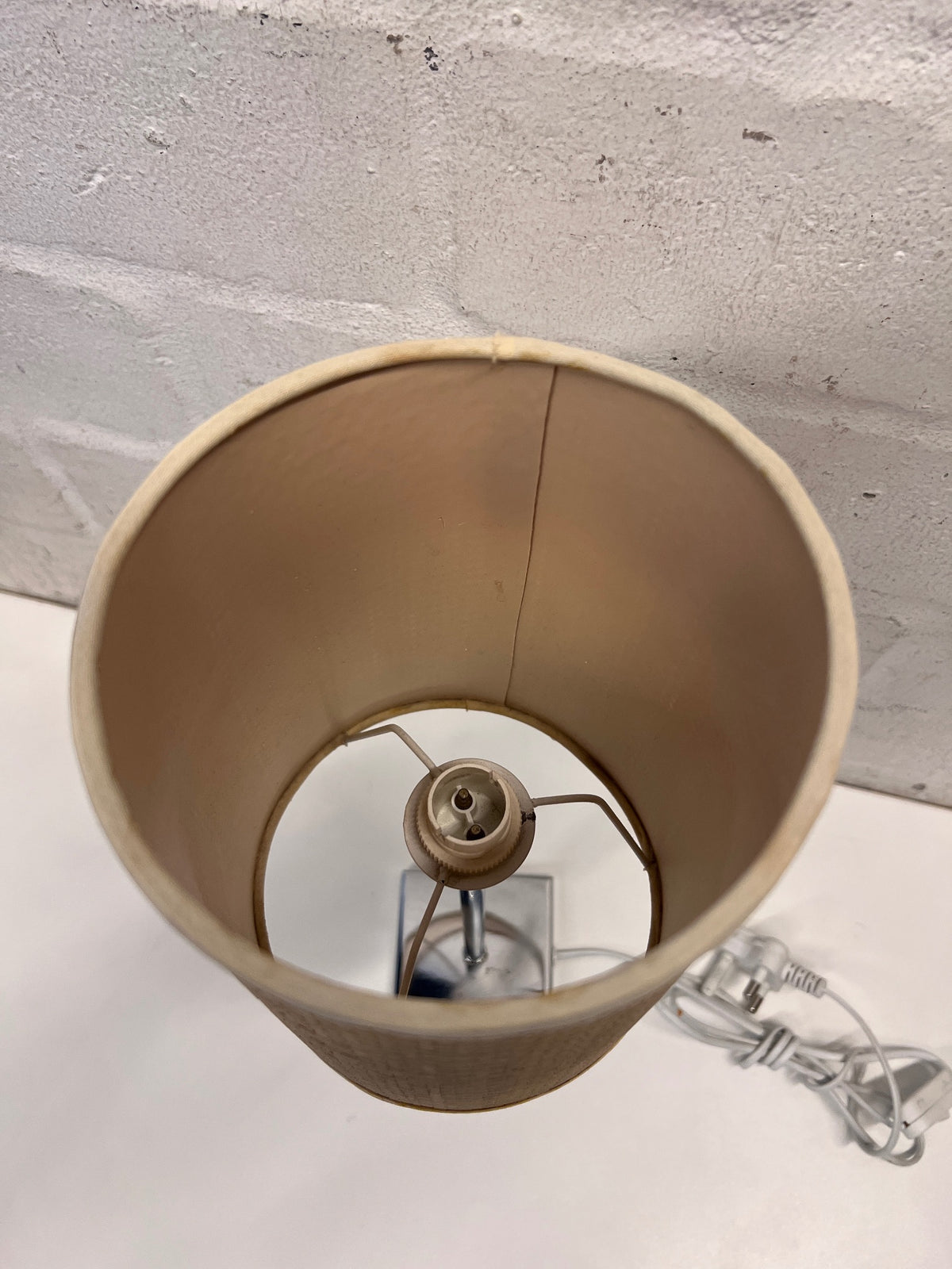 Modern Chrome Table Lamp with Woven Shade – back view