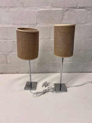 Modern Chrome Table Lamp with Woven Shade – side view